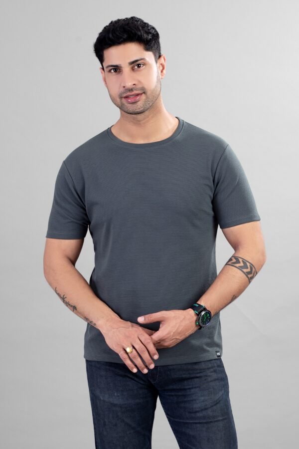 Charcoal Grey Ribbed Style Cotton Regular Fit T-Shirt - Image 2
