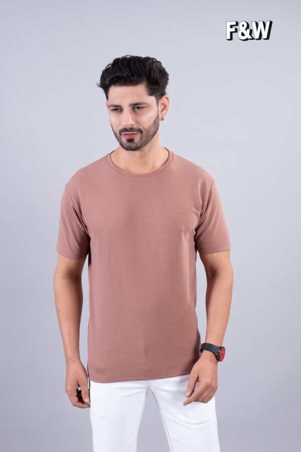 Salmon Pink Ribbed Style Cotton Regular Fit T-Shirt - Image 2