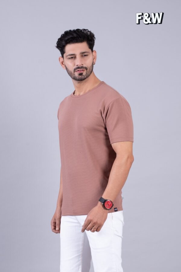 Salmon Pink Ribbed Style Cotton Regular Fit T-Shirt - Image 4