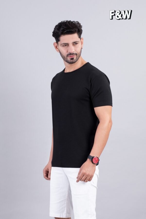 Black Ribbed Style Cotton Regular Fit T-Shirt - Image 3