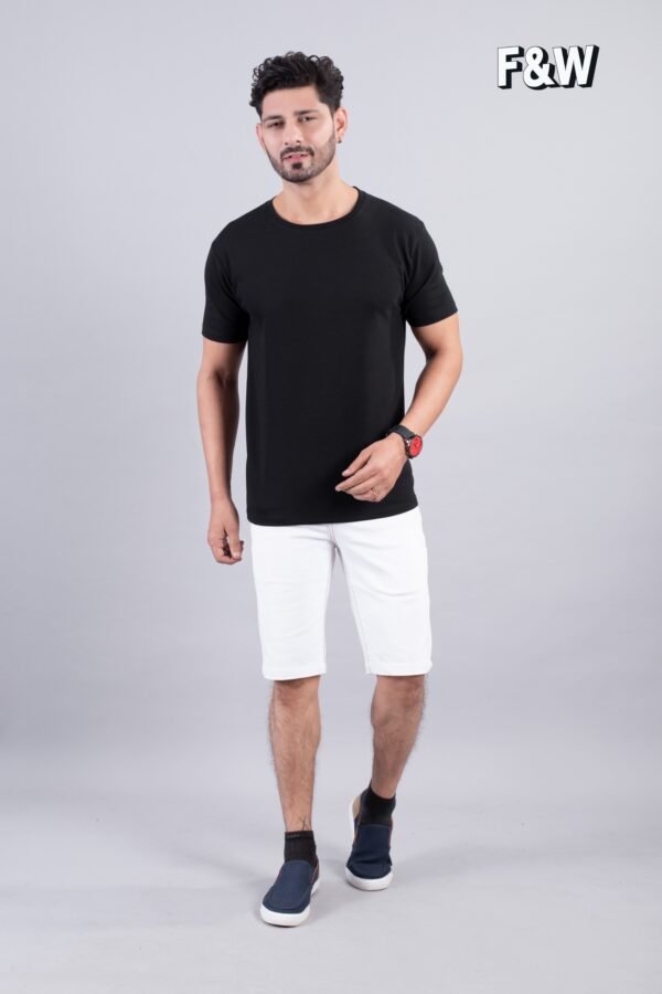 Black Ribbed Style Cotton Regular Fit T-Shirt